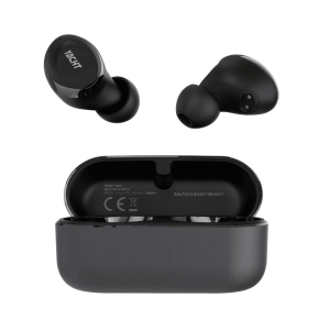 Yacht model true wireless earbuds with charging case, black silicone tips.