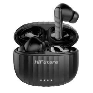 HiFuture wireless earbuds in a black charging case with four LED indicators.