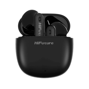 HiFuture wireless earbuds in a black glossy charging case with visible branding.