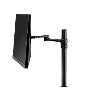 Black adjustable monitor arm attached to a vertical pole with clamp, supporting a flat-screen monitor.