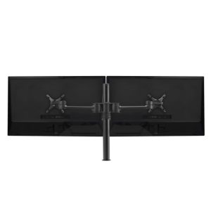 Dual widescreen monitor stand with a central vertical pole and adjustable arms supporting two displays.