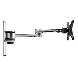 Chrome adjustable desk monitor arm with clamp mount and articulating joints for mounting a screen via VESA plate