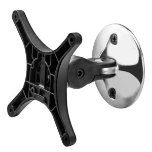 Adjustable wall mount bracket for flat-screen TV, chrome circular mount with swiveling arm and black VESA plate.