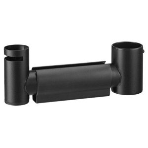 Black bicycle handlebar stem with dual circular clamps at ends and central body.