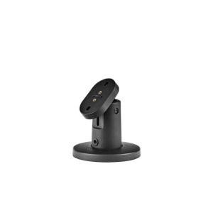 Black adjustable desk mount with round base and tilting circular plate.
