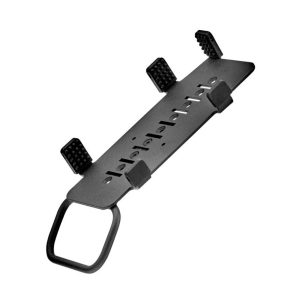 Black metal mounting rack with multiple elongated slots and adjustable pegs at ends, plus a bottom loop handle.