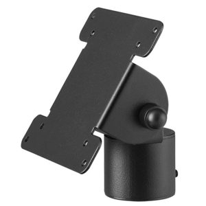 Black adjustable tablet holder with mounting plate on a swiveling ball joint and cylindrical desktop base.