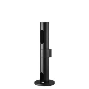 Black pedestal stand with cylindrical vertical pole, circular base, and side clamp.