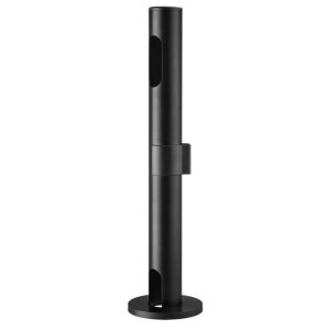 Black floor-standing pole with circular base, adjustable clamp, and an oval cutout on the shaft.