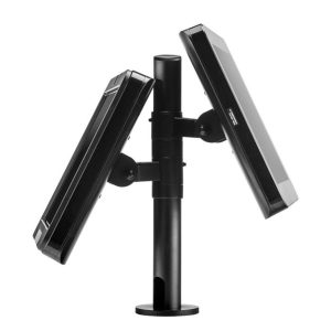 Black dual-monitor arm stand with two adjustable monitors mounted on a central pole with a circular base.