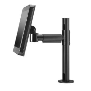 Black adjustable monitor arm with vertical pole mount and round base, holding a flat-screen display.