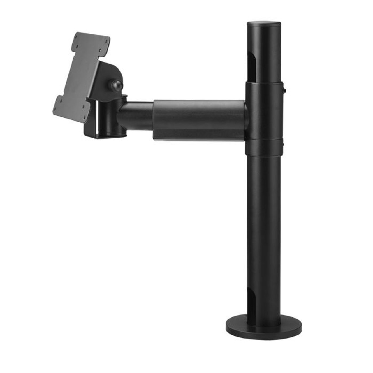 Atdec Apas-Ap-P400 Black adjustable monitor arm on a vertical pedestal stand with a vesa mounting plate.