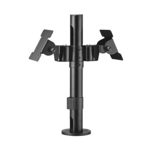 Black dual monitor mount on vertical pole with two adjustable arms and VESA plates.