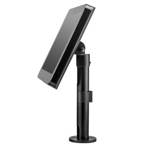 Black tablet mounted on an adjustable, vertical display stand with a round base and tilt joint.