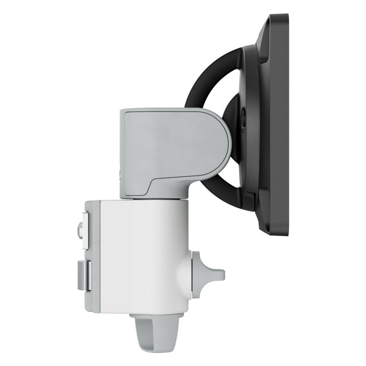 Atdec Awm-A13T Desk-mounted monitor arm with white base, gray articulating joint, and black screen.