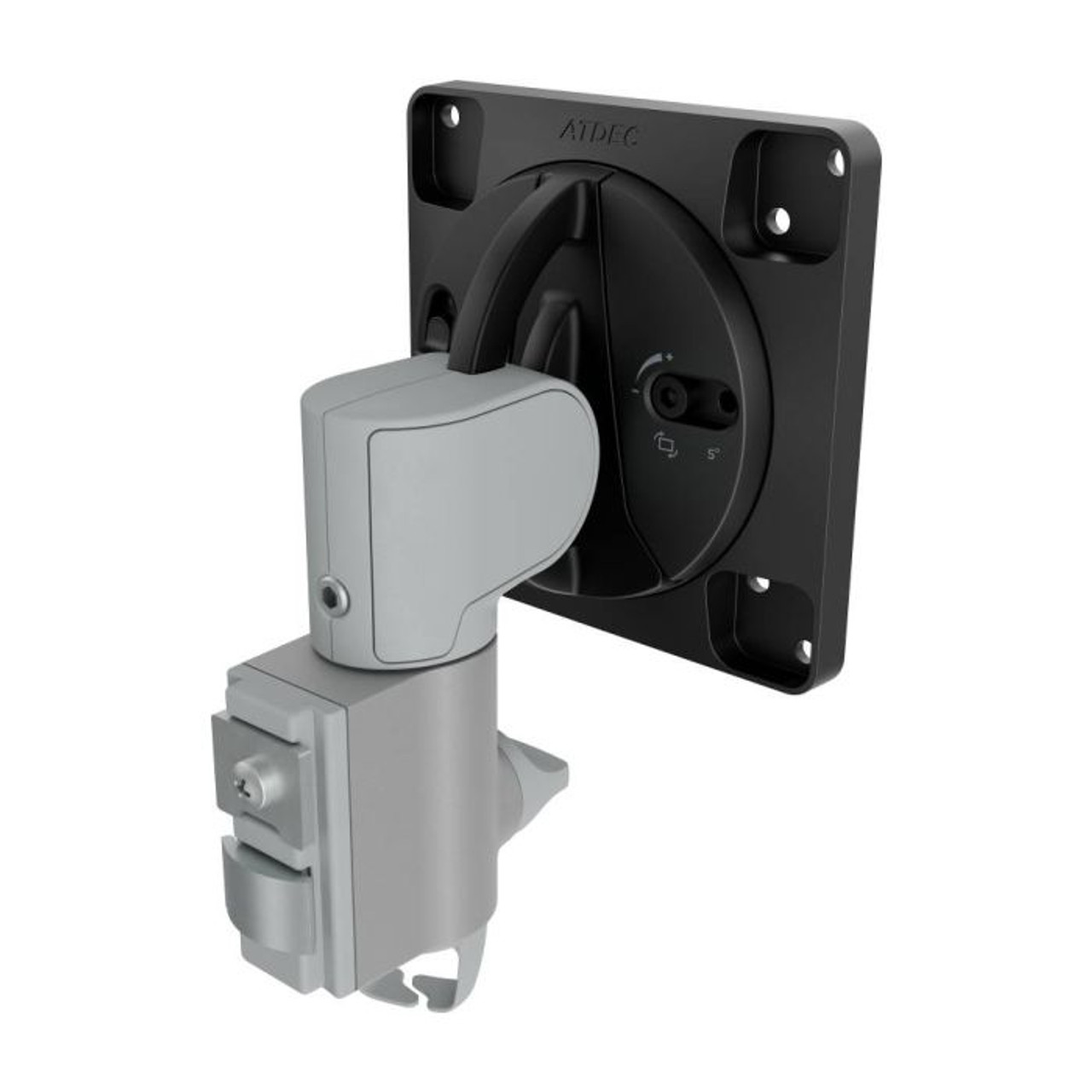 Atdec Awm-A13T Aidec adjustable mounting head with circular swivel dial and gray clamp on a black square mounting plate.