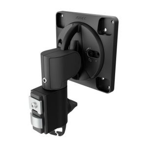 Black adjustable monitor arm with desk clamp and VESA mount plate, featuring a circular tilt/rotation joint.