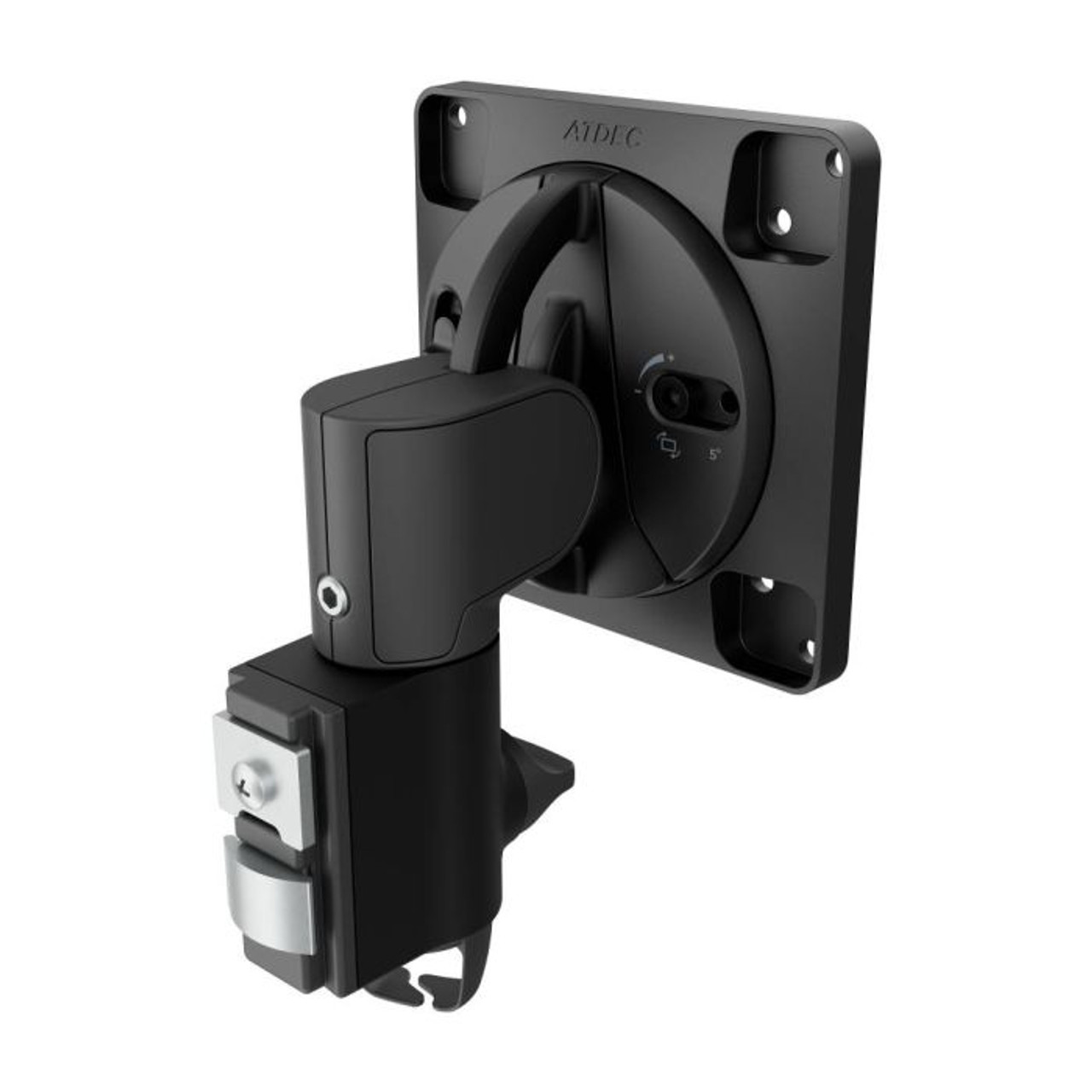 Atdec Awm-A13T Black adjustable monitor arm with desk clamp and vesa mount plate, featuring a circular tilt/rotation joint.