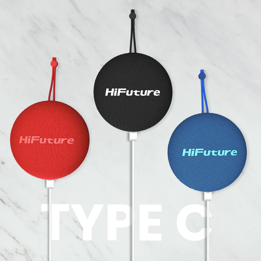 Hifuture Altus Portable Bluetooth Speaker - Black Three hifuture round fabric-covered wireless charger pads (type-c) in red, black, and blue.
