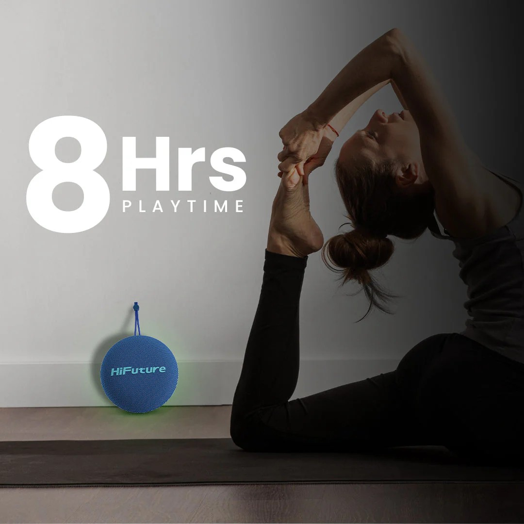 Hifuture Altus Portable Bluetooth Speaker - Black Hifuture circular bluetooth speaker on the floor beside a person doing yoga.