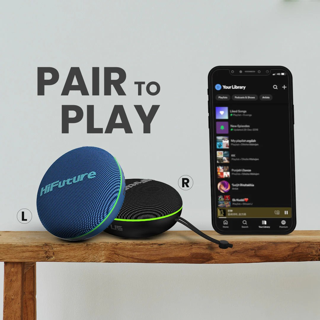 Hifuture Altus Portable Bluetooth Speaker - Black Hifuture blue round bluetooth speakers labeled l and r, paired with a smartphone displaying a music app.