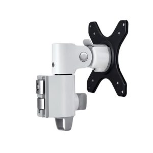 White articulating monitor arm with black VESA plate and desk-edge clamp.