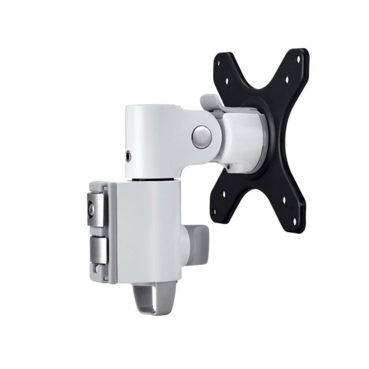 Atdec Awm-A13-W White articulating monitor arm with black vesa plate and desk-edge clamp.
