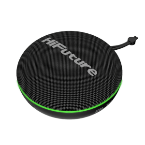 HiFuture circular Bluetooth speaker with carbon-fiber textured top and green LED ring.
