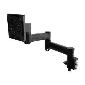 Black adjustable desk-mounted monitor arm with VESA mounting plate and locking desk clamp.