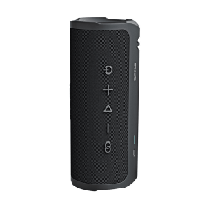 Portable Bluetooth speaker with a tall black fabric grille, rubberized edges, and vertical control icons on the front.
