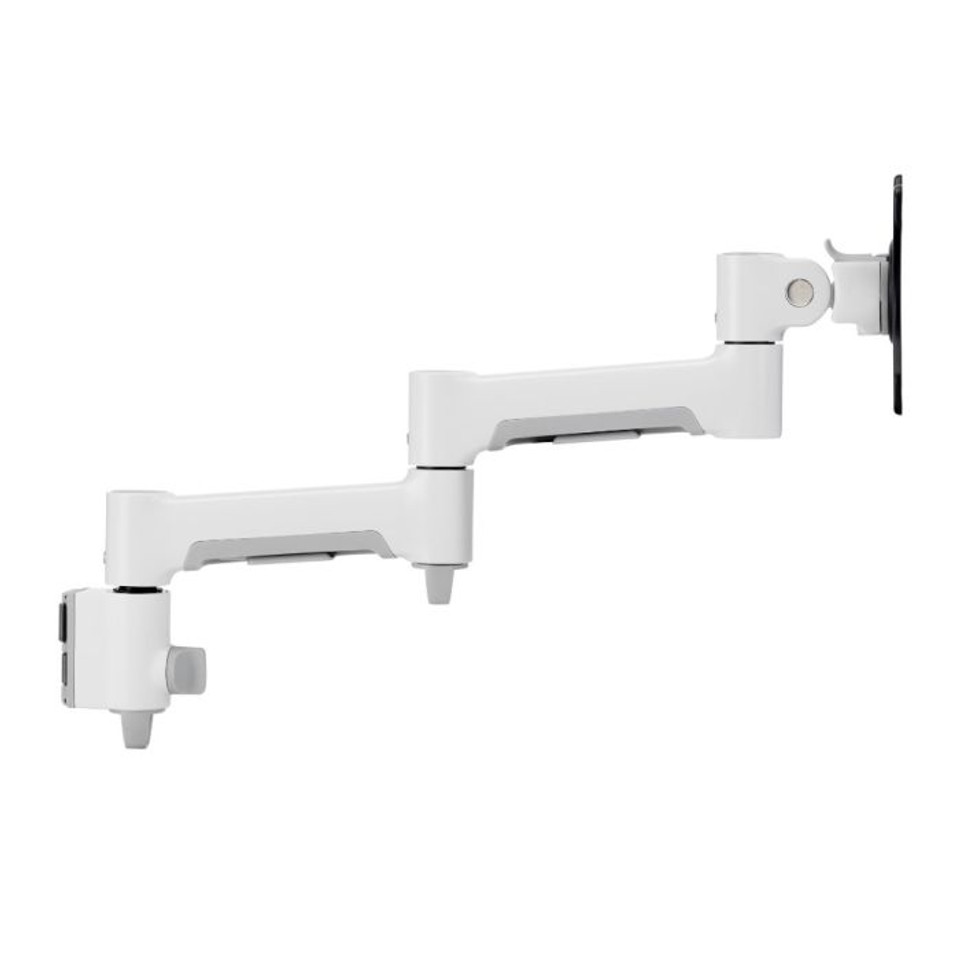Atdec Awm-A46-W White adjustable multi-joint monitor arm with vesa mounting plate.