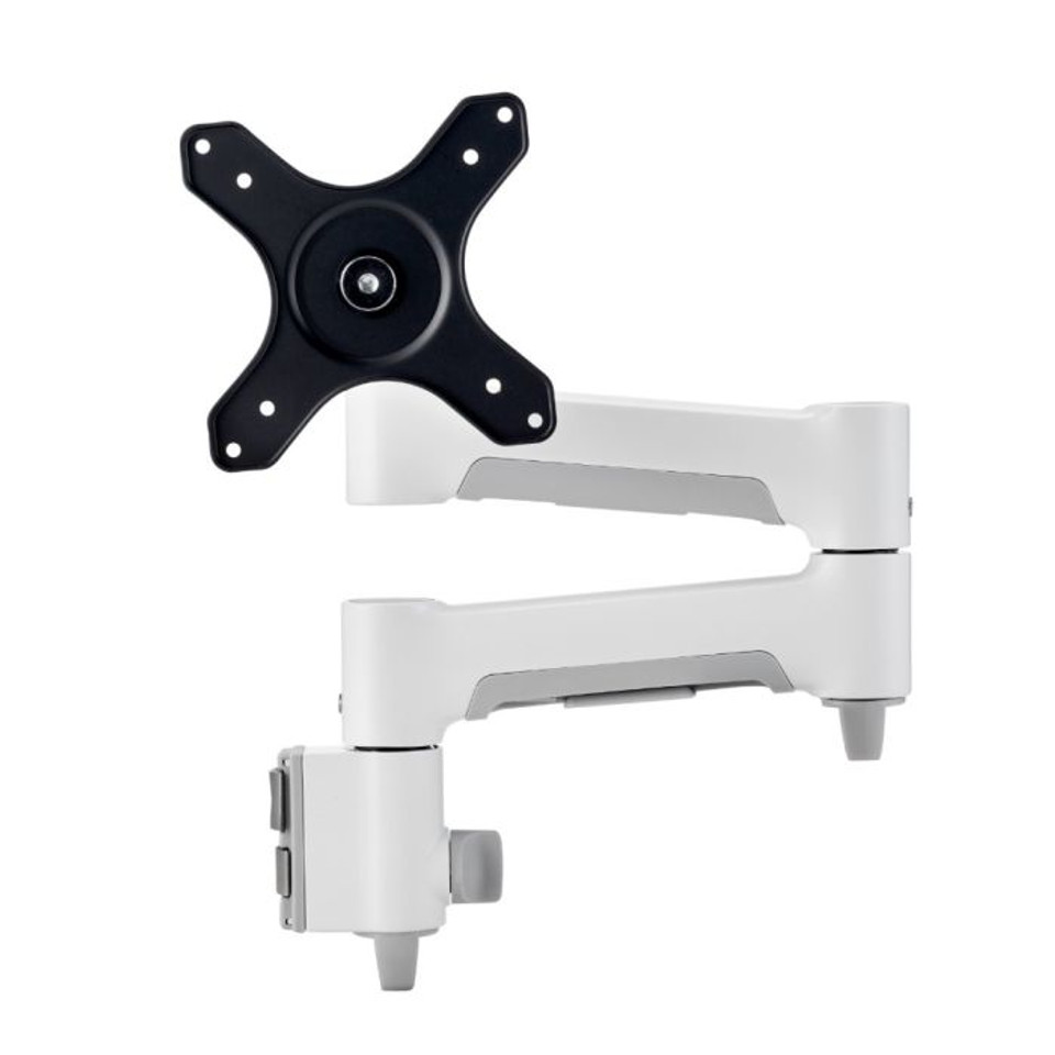 Atdec Awm-A46-W White adjustable monitor arm with black vesa mount plate and desk clamp, dual-joint articulating arms.