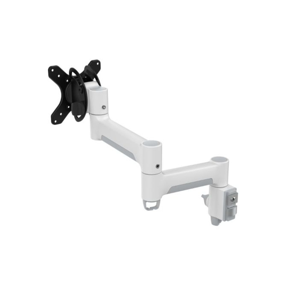Atdec Awm-A46-W White adjustable monitor arm with two joints and a black vesa mount plate
