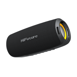 HiFuture portable Bluetooth speaker, cylindrical black speaker with fabric grille and yellow-ringed speaker opening.