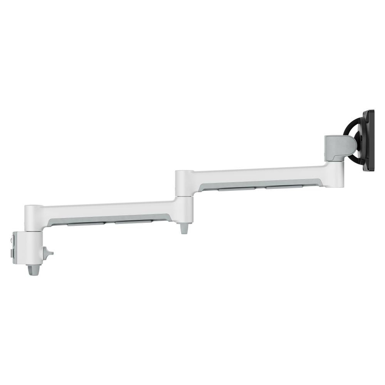 Atdec Awm-A71T White dual-arm adjustable monitor mount with desk clamp and vesa mounting plate.
