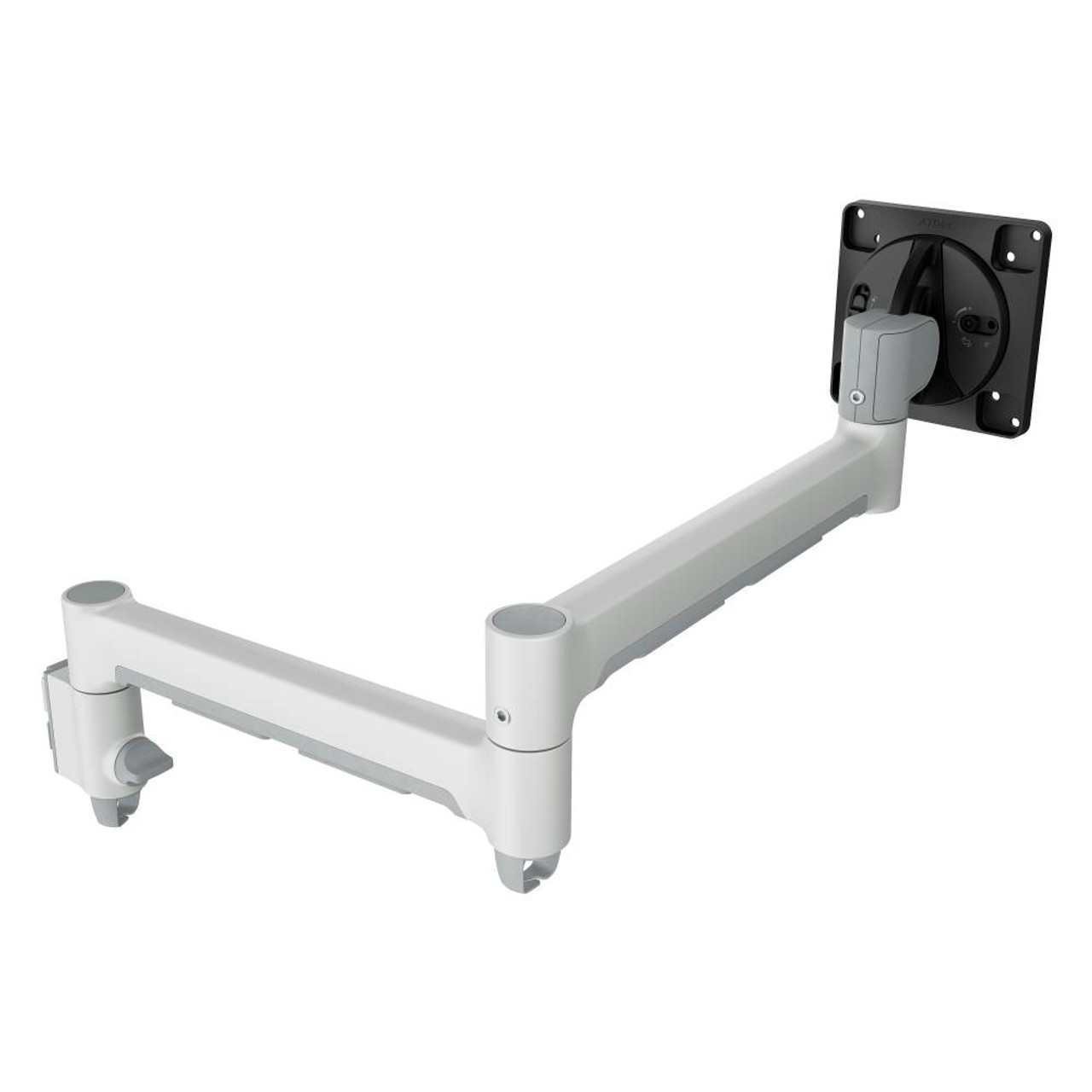 Atdec Awm-A71T Adjustable monitor arm with white articulating arms and a black vesa mounting plate.