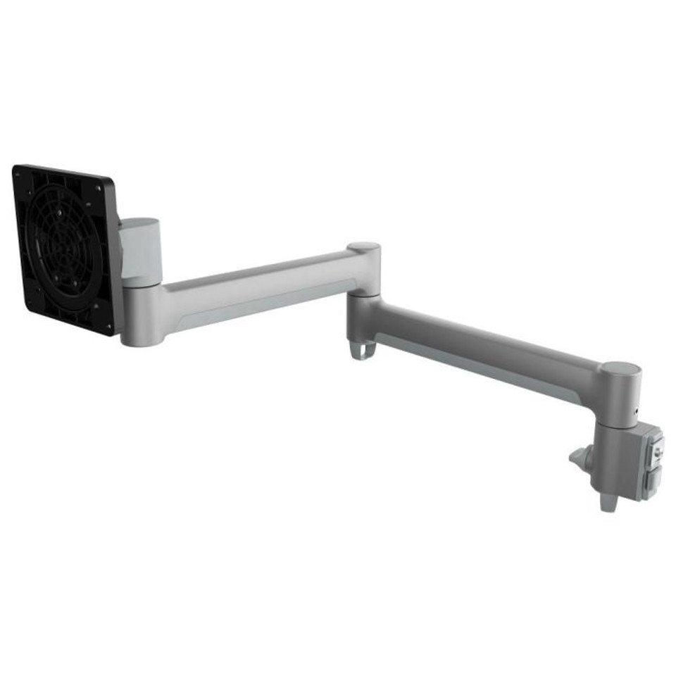 Atdec Awm-A71T Adjustable dual-arm monitor mount in silver with black vented mounting plate.