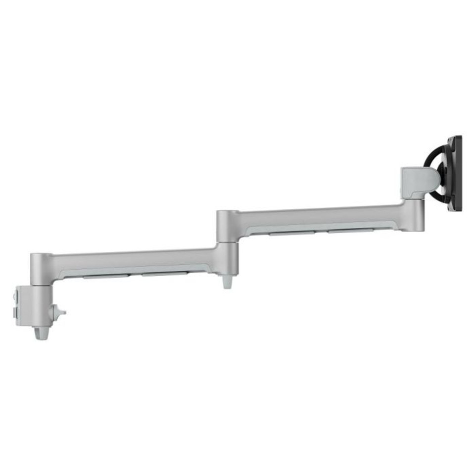 Atdec Awm-A71T Silver adjustable monitor arm with two joints and clamp mounting hardware for desk or wall attachment.