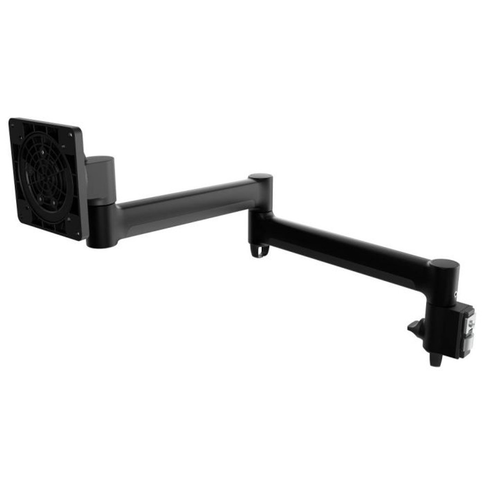 Atdec Awm-A71T Black adjustable desk-mounted monitor arm with vesa plate and two-segment extension.