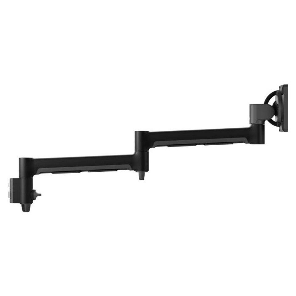 Atdec Awm-A71T Black desk-mounted dual-arm monitor mount with vesa mounting plate and adjustable joints.