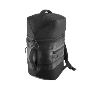 Black backpack with top handle, multi-pocket design, front zip compartments, and adjustable shoulder straps.