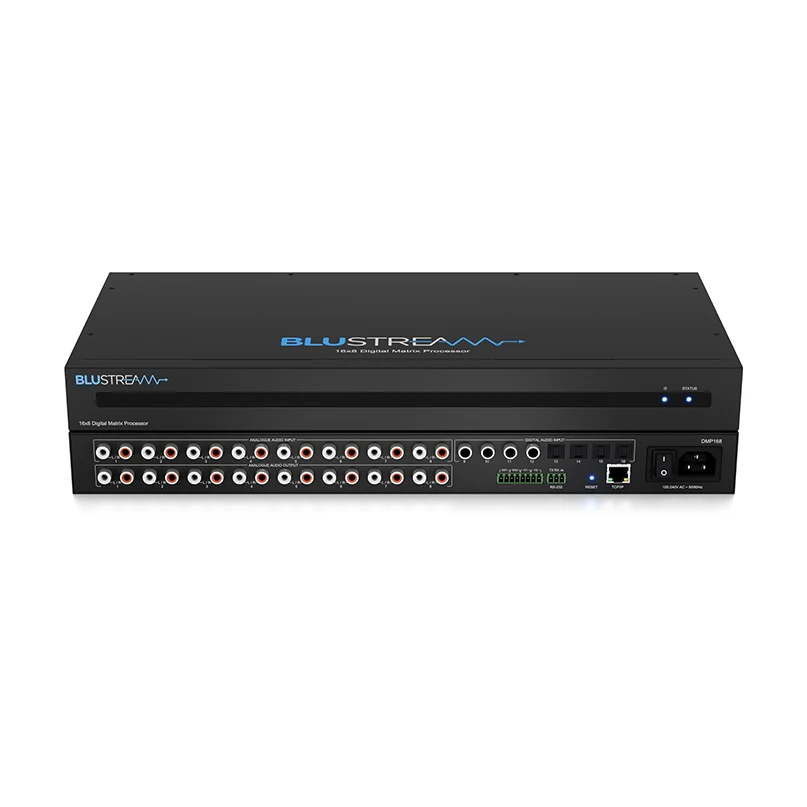 Blustream Dmp168 Advanced Audio Matrix Blustream dmp-168 16x8 digital matrix processor with front-panel rca analog inputs in a 1u rack-mount enclosure