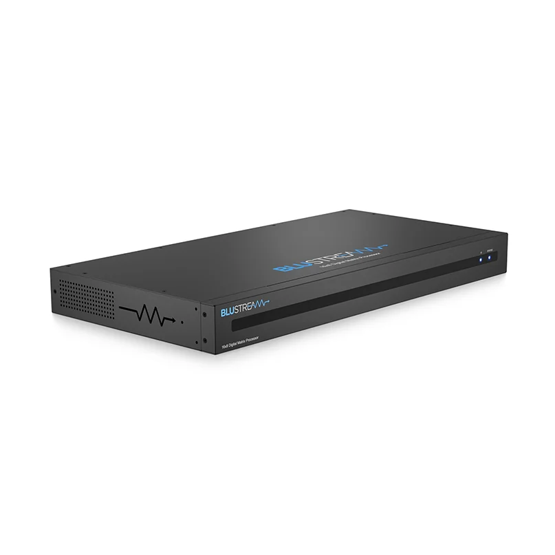 Blustream Dmp168 Advanced Audio Matrix Blustream 164 digital media processor, 1u rack-mount device with blue logo and front-panel leds.