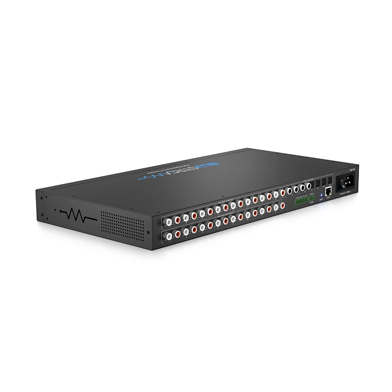 Blustream Dmp168 Advanced Audio Matrix Wavlink multi-channel audio/video matrix switch with numerous rca inputs and power and lan ports.
