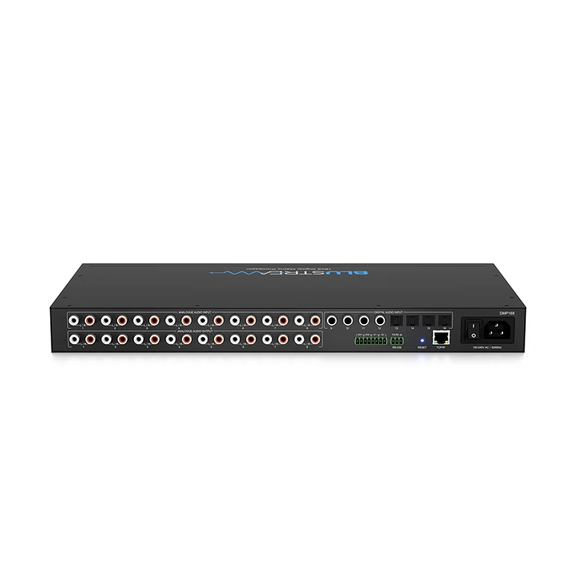 Blustream Dmp168 Advanced Audio Matrix Rack-mount multichannel analog audio processor with numerous rca inputs and outputs and network connectivity.