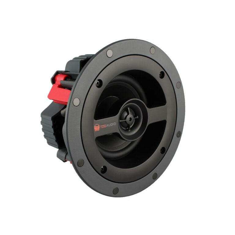 Tdg Audio Architectural 8&Quot; Ceiling Speakers Trg audio round speaker driver with black mounting flange and red terminal connectors.