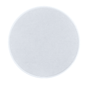 Round white wireless speaker with a perforated grille.