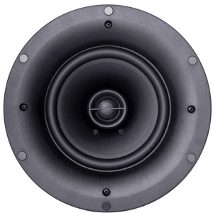 Round black ceiling speaker featuring a coaxial driver with central tweeter and visible mounting screws around the frame
