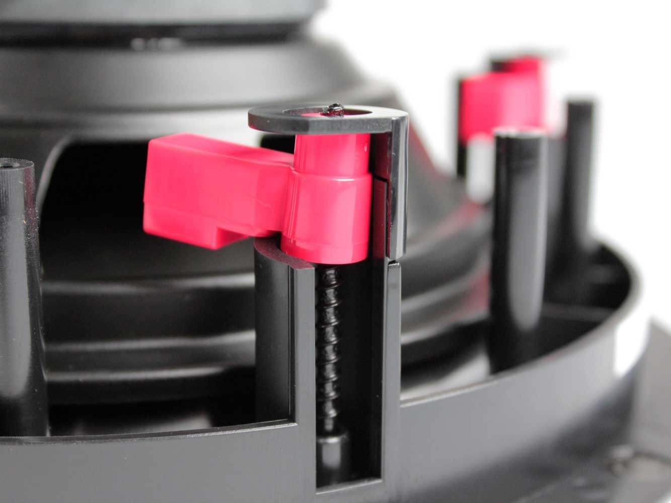 Tdg Audio Nfc-83A 8″ Angled In-Ceiling Speaker Close-up of a black plastic construction featuring bright pink hinge bricks.