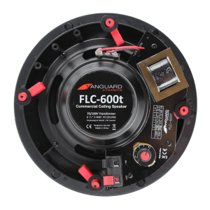 Vanguard Dynamics FLC-600t commercial ceiling speaker with 70/100V transformer, 6.5-inch woofer, back view.
